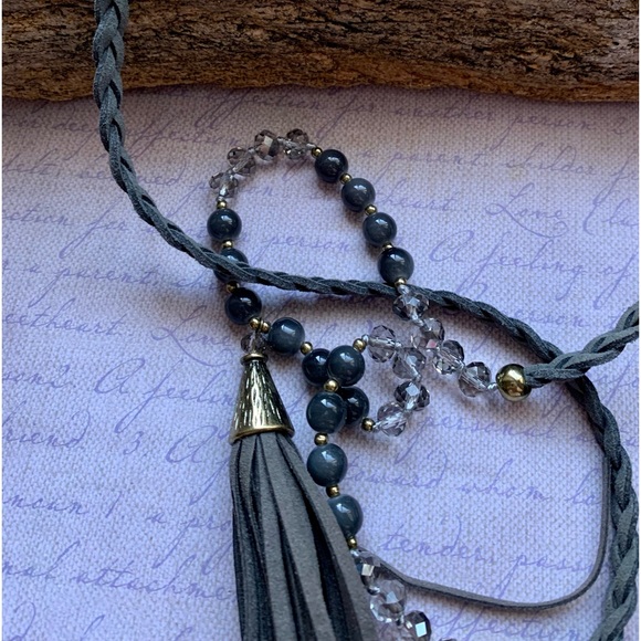 Gray Leather Boho Hippie Crystal & Stone Beaded Tassel Necklace Woman’s Jewelry - Picture 7 of 9